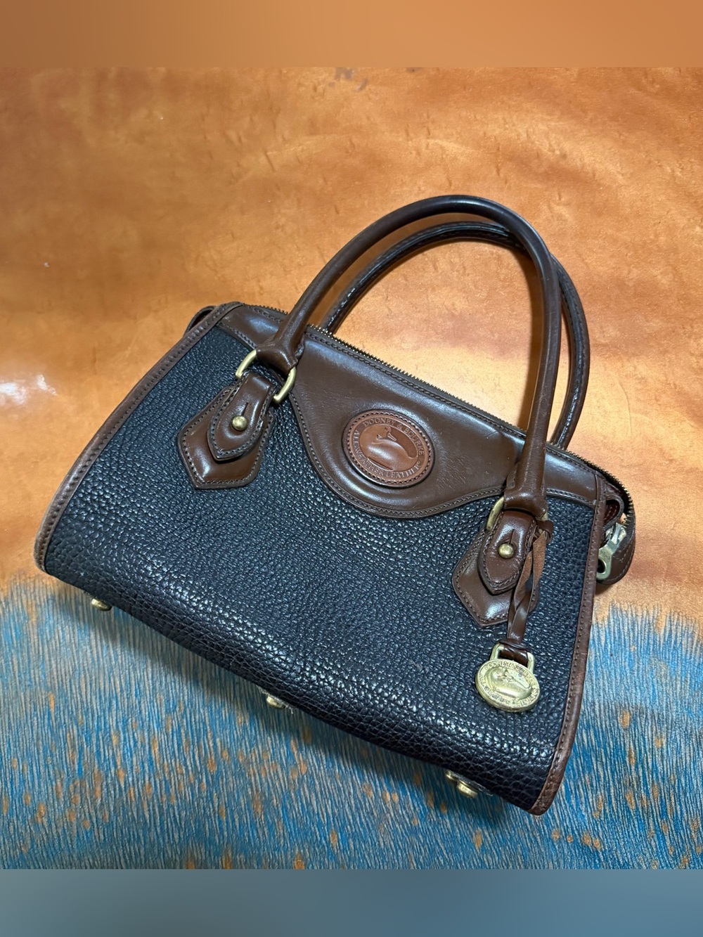 Dooney & Bourke Black and Brown Pebbled Leather Satchel USA All Weather Leather